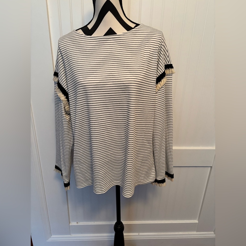 Striped Black & White Fringe-Trim Long Sleeve Top